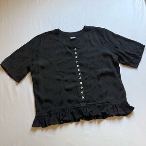 SINAI black floral print embroidered satin boxy button up cropped blouse